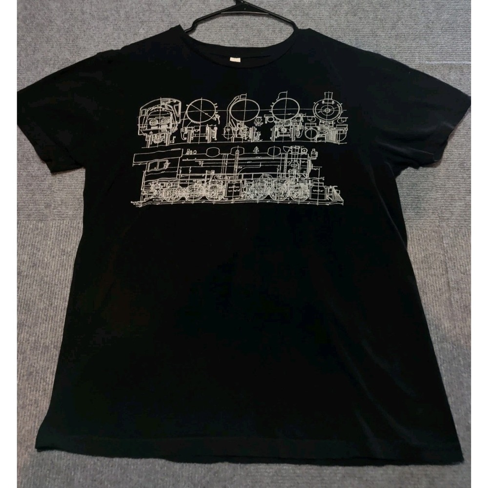 Smart Blanks Mens Sz Lg Black Train T-Shirt Cotton Locomotive Blueprint Rail Top